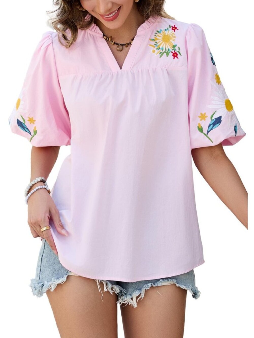 Women's Boho Floral Embroidered Blouse, V Neck Puff Short Sleeve Summer Casual